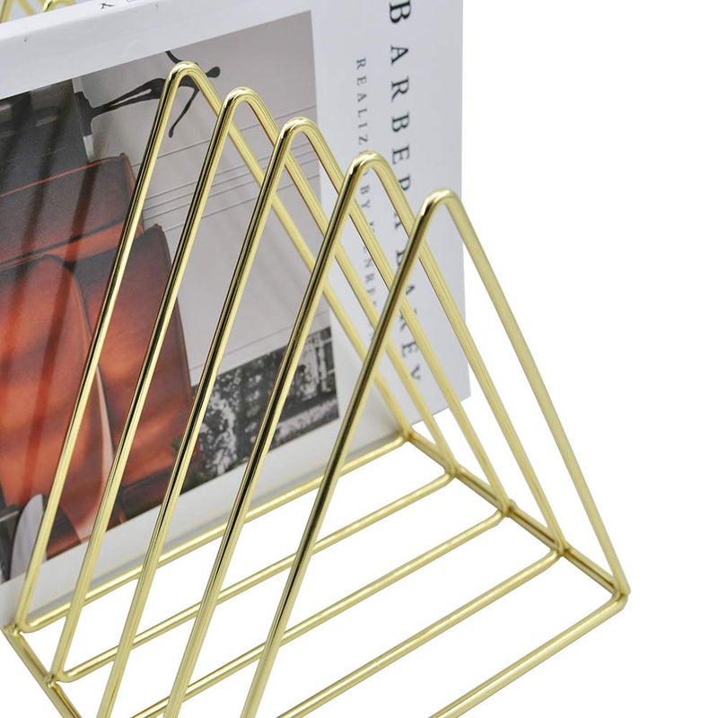 EASEPRES Gold File Holder Organizer, Triangle Record Album Holder Magazine Wire Rack, 9 Slot Multifunction Desktop Storage Decor for Home Office - Image 3